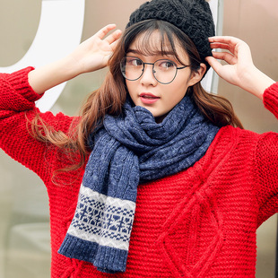 真享夹花毛线围巾女秋冬经典麻花纹保暖情侣针织围巾韩版百搭学生