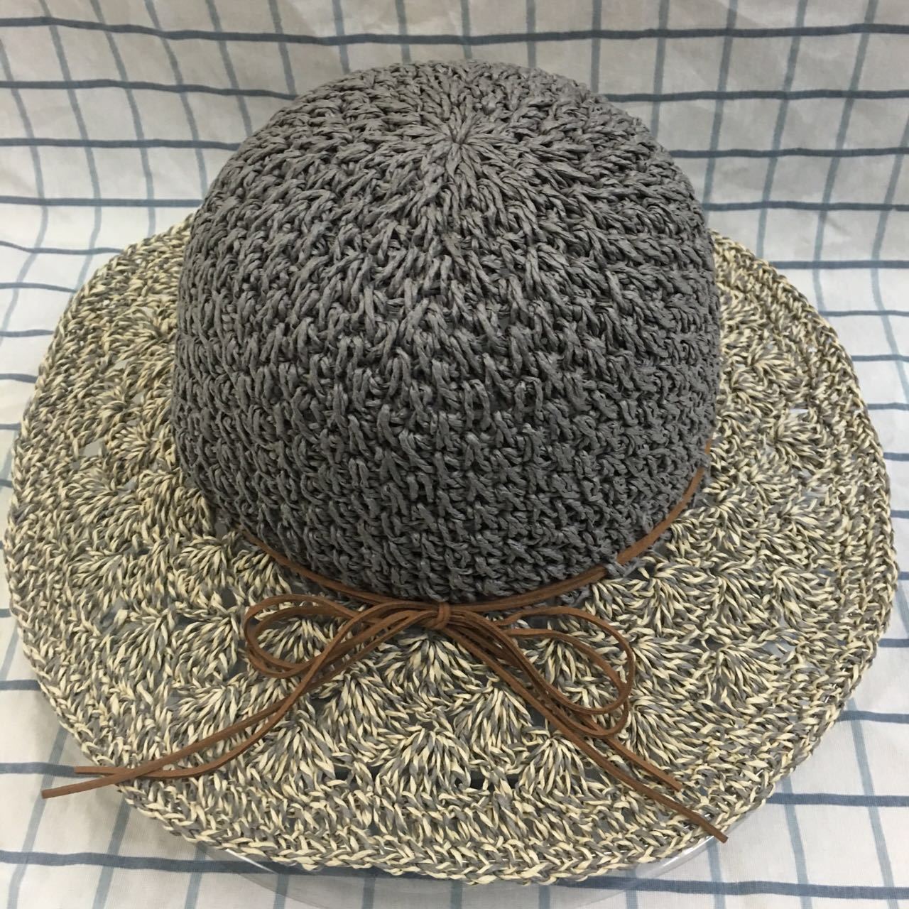 2018夏季新款帽子韩版手工钩针菠萝花拼色时尚百搭草帽蝴蝶结装饰