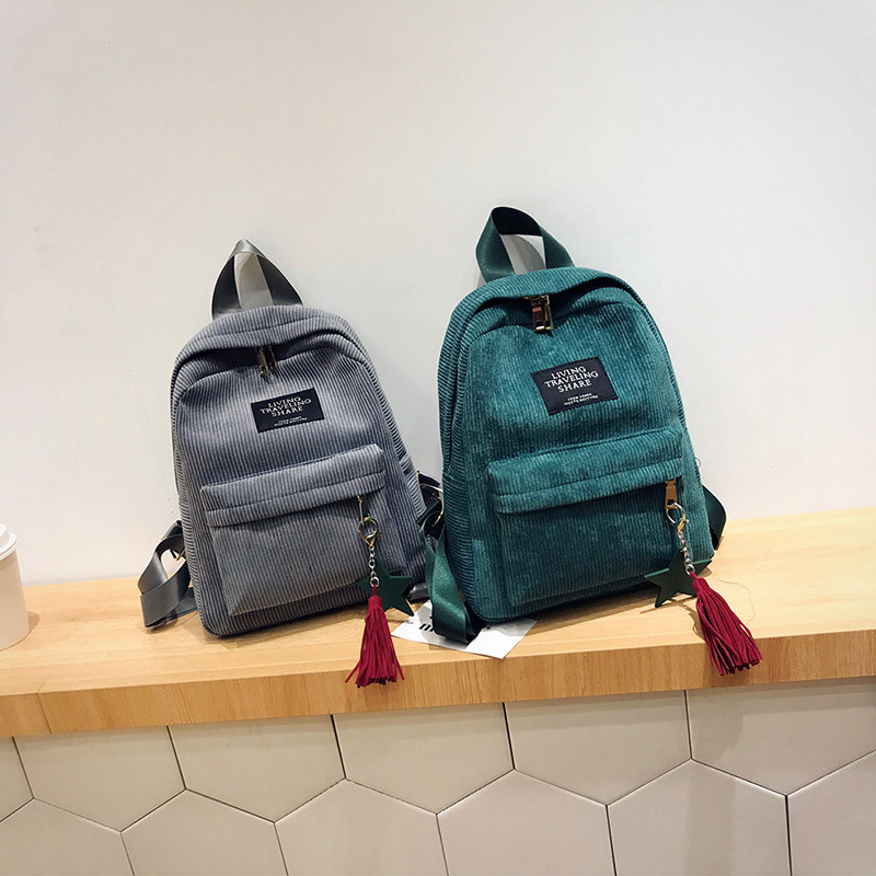 2021 Winter New Canvas Bag Corduroy Ribbon Pendant Korean Style Fashion Backpack Girls' Student Schoolbag