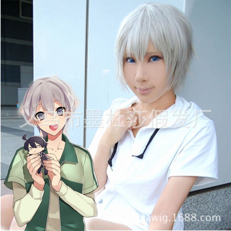 cosplay假发 外贸动漫cos银白色户冢彩加短发头套批发 代发
