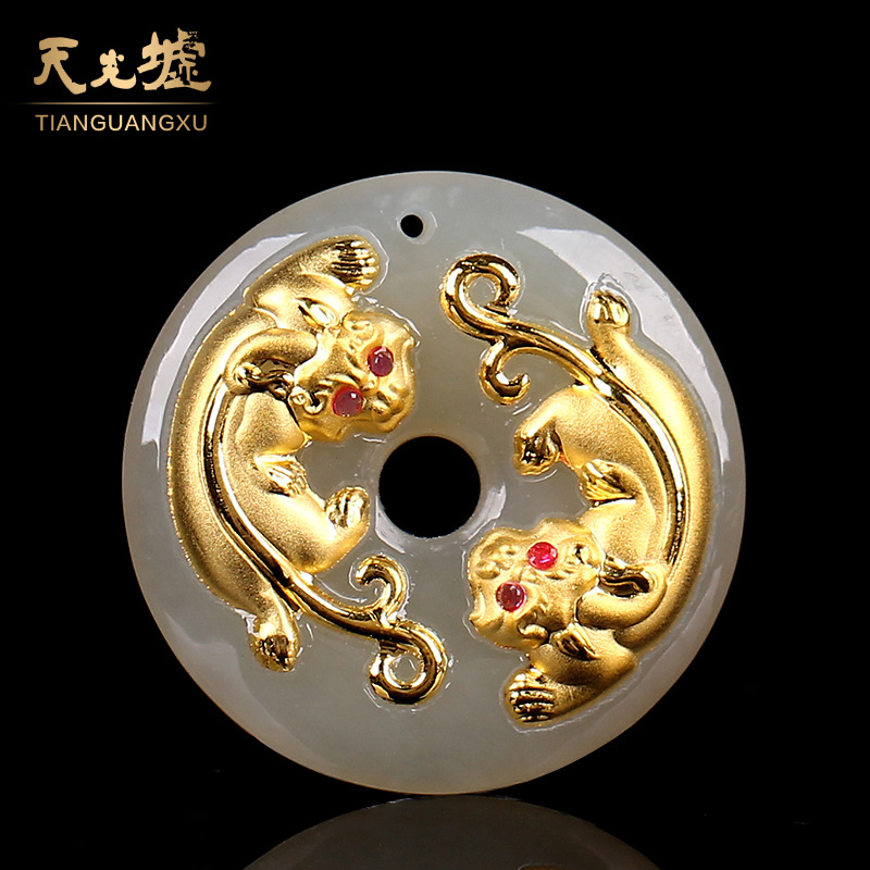 金镶玉吊坠和田玉双貔貅平安扣项坠天然玉石挂件批发首饰htj1022