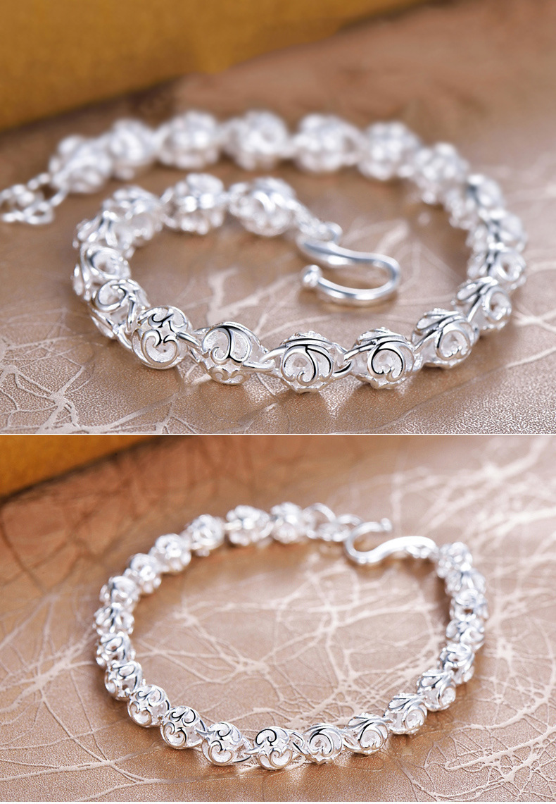 时尚简约 镂空玲珑圆球银手链 欧美圆珠银饰品爱心球韩版流行饰品