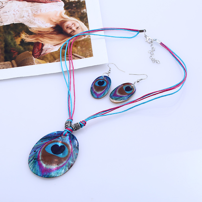 波西米亚民族风饰品 几何形贝壳彩绘孔雀羽吊坠项链耳环套装