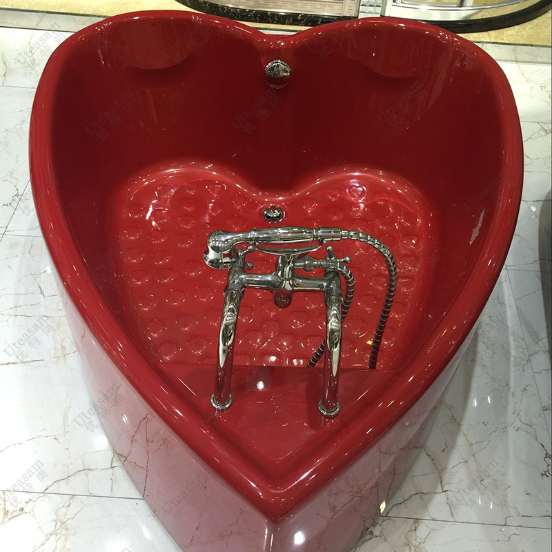 情侣浴缸厂家酒店水疗spa亚克力独立式双人冲浪按摩浴缸红色心形