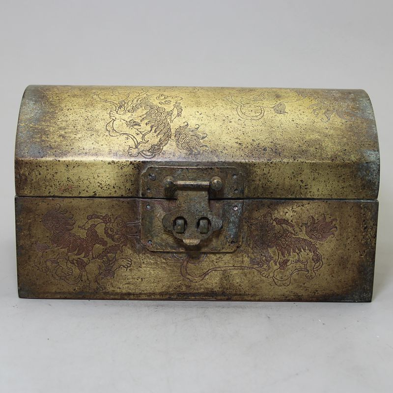 精美复古做旧古玩工艺品厂家直销黄铜铜器狮子滚绣球首饰盒摆件