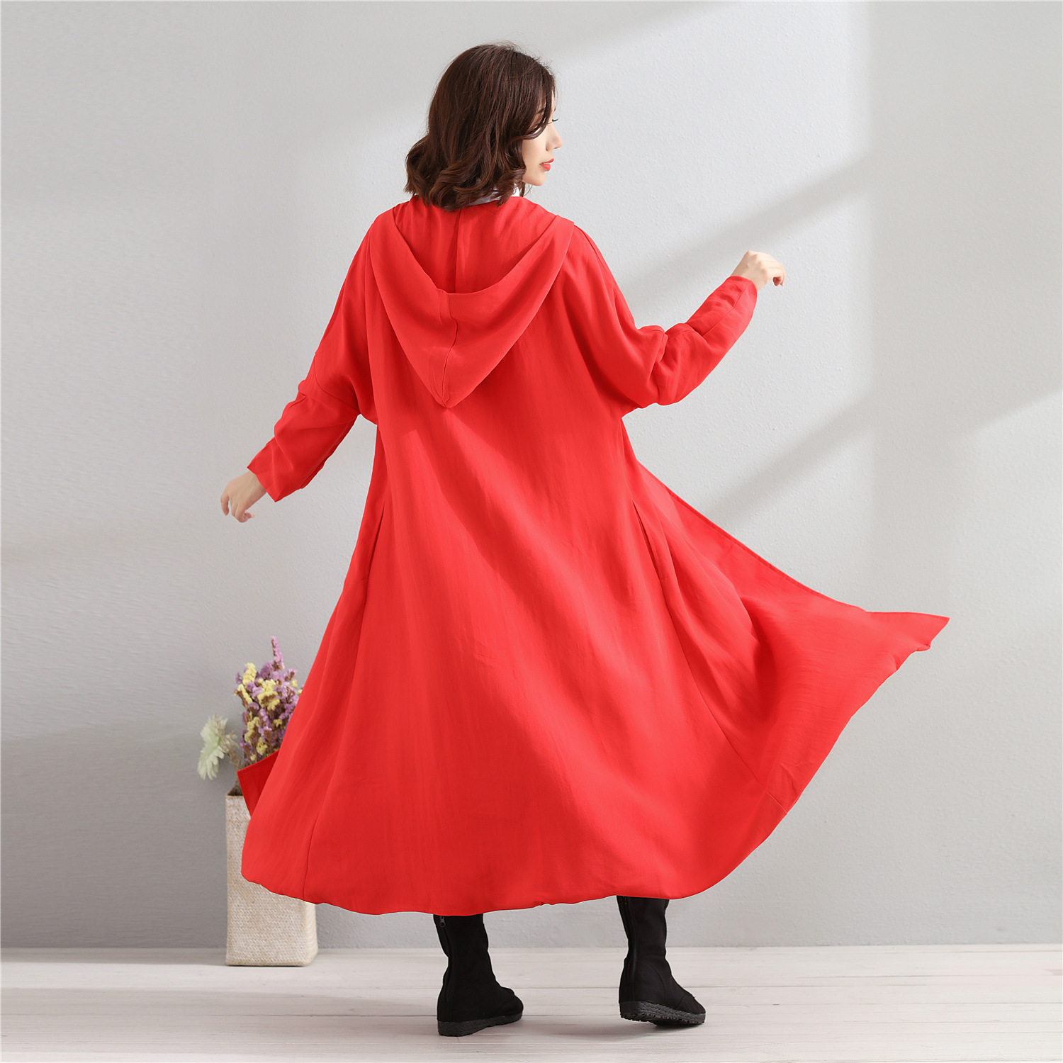 2021新秋季新品 棉麻女装 斗篷 带帽长风衣国风复古大帽披风