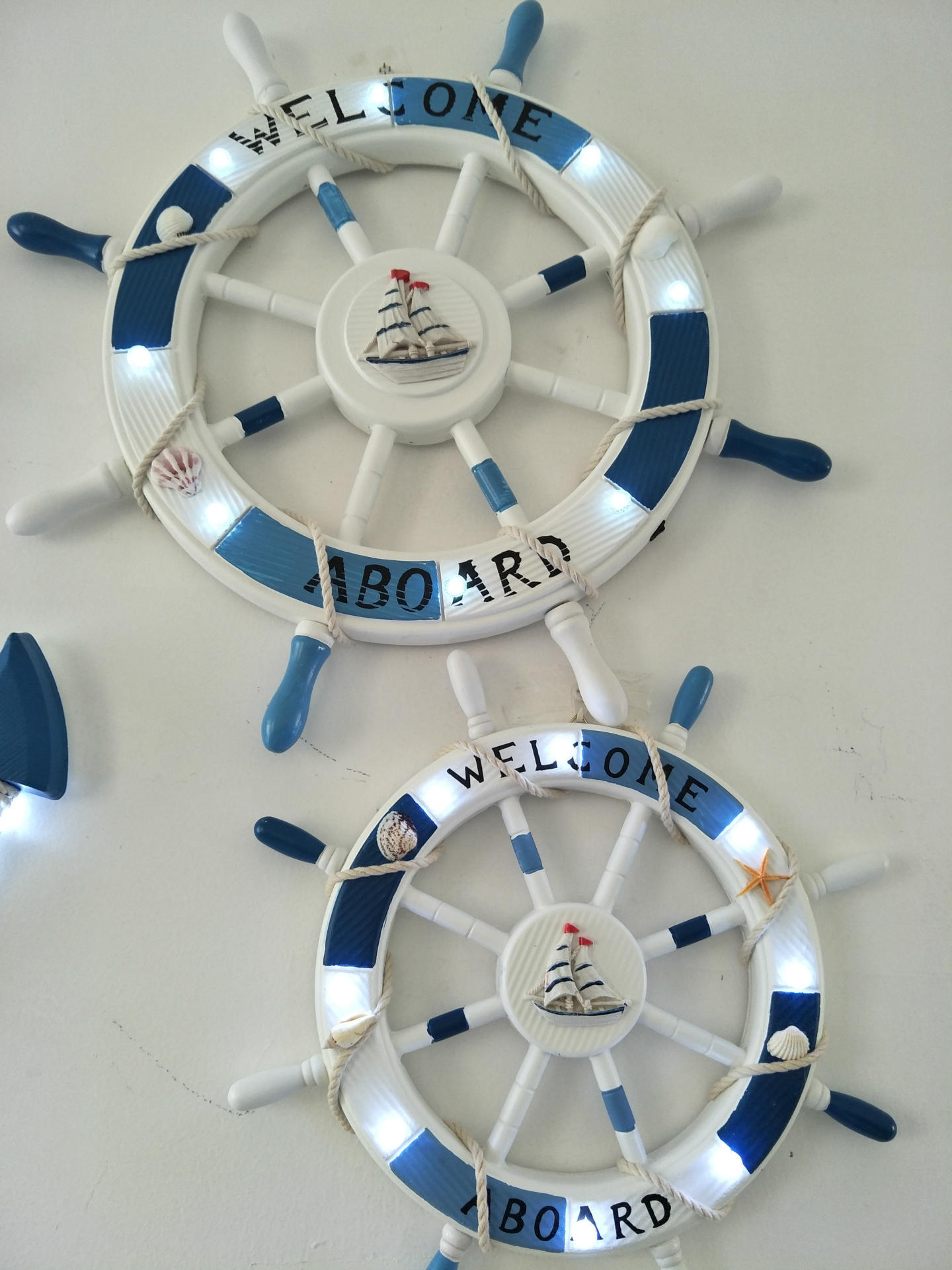 地中海45公分木质带灯船舵航海创意舵手壁挂装饰 复古