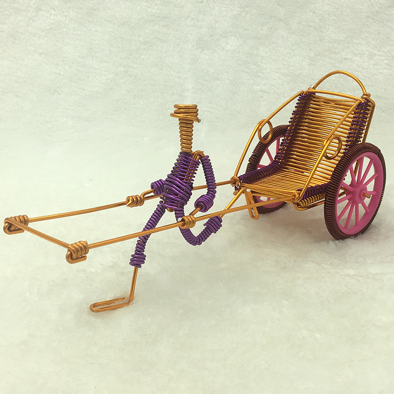 加长版车夫拉人力车特色创意工艺品手工模型摆件铝线diy礼品