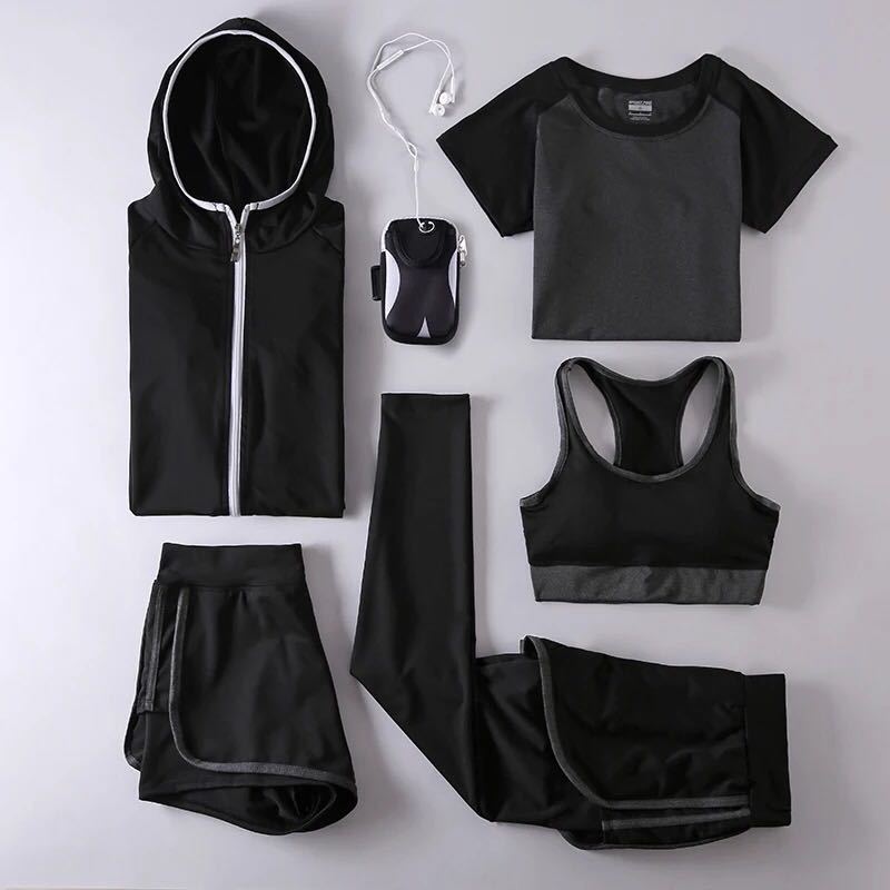 厂家直销女士户外跑步大码速干衣 健身服瑜伽运动休闲五件套装