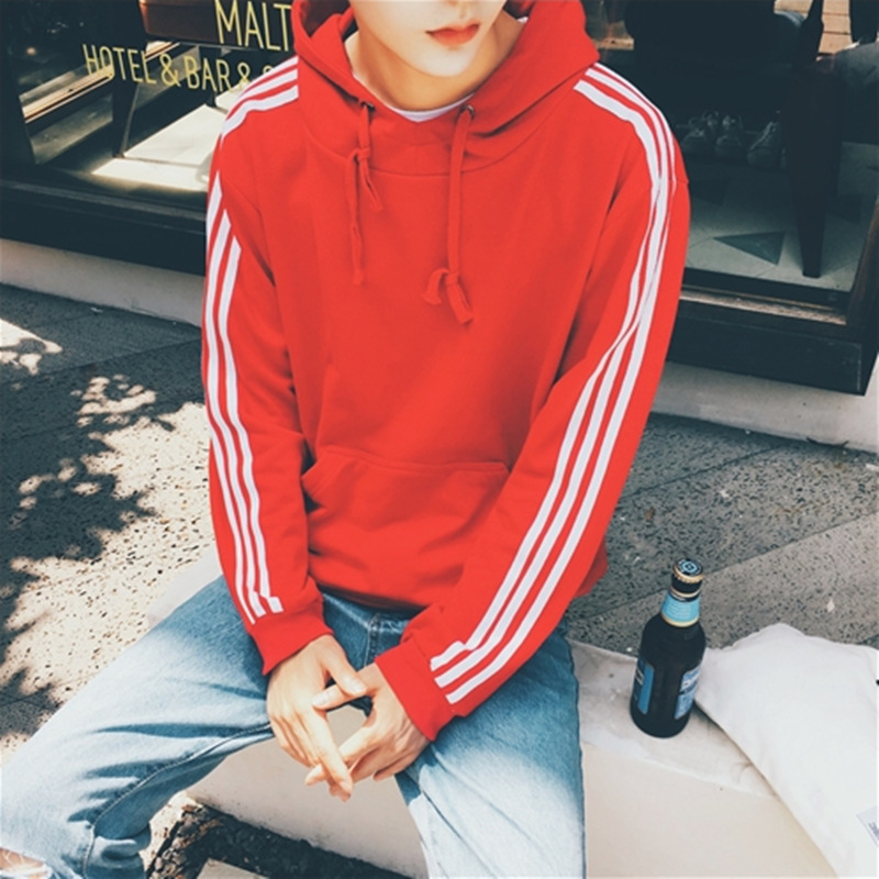 春秋套头连帽卫衣男纯色韩版潮男戴帽运动上衣男士三杆帽衫学生潮