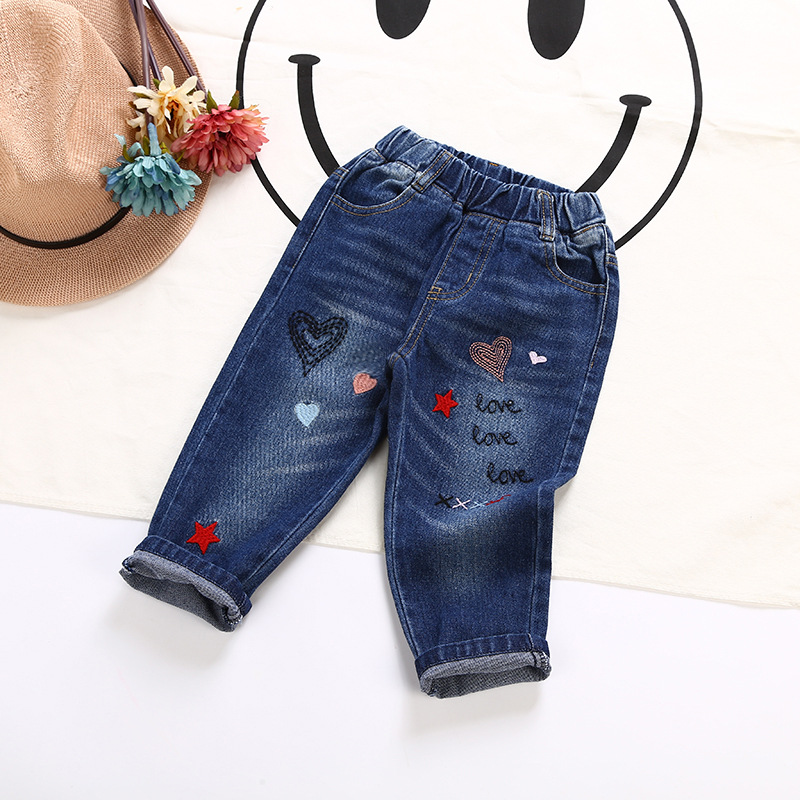 2018春装新款儿童牛仔裤洗水绣花韩版牛仔裤长裤童裤女童