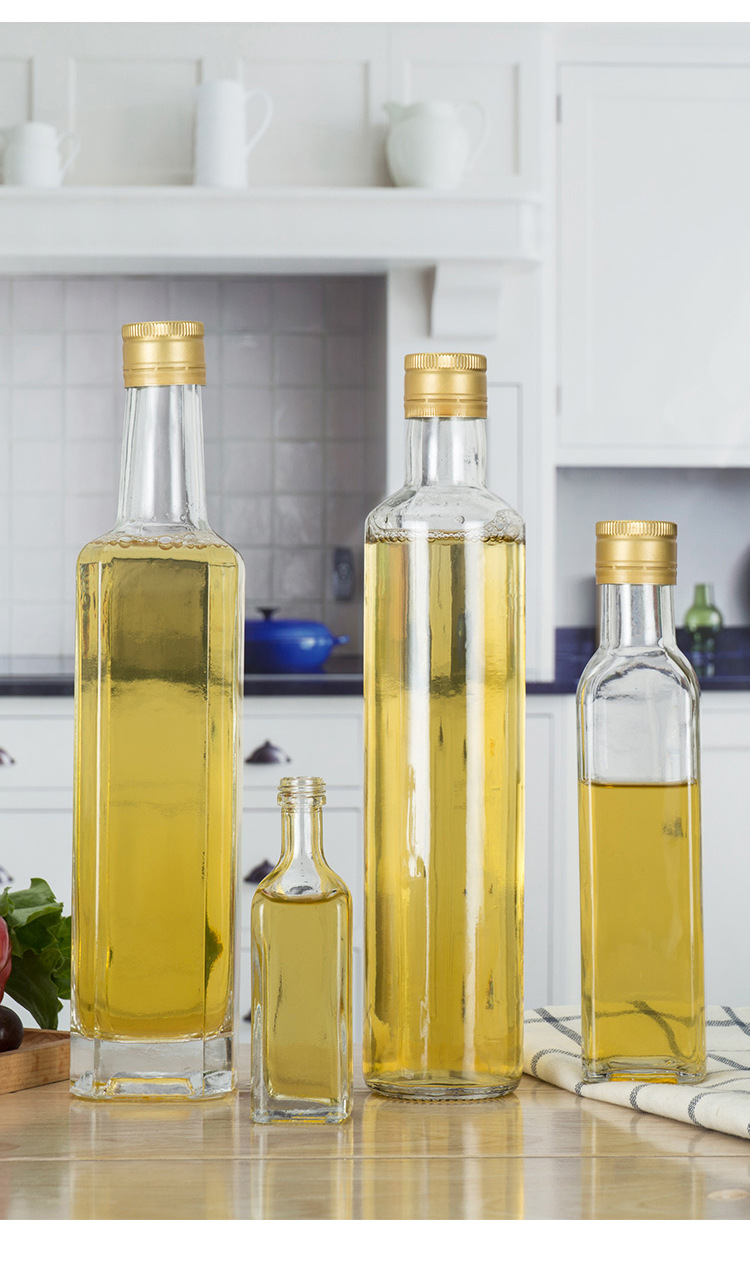 批发250ml500ml方形橄榄油瓶山茶油瓶透明墨绿玻璃瓶麻油瓶香油瓶