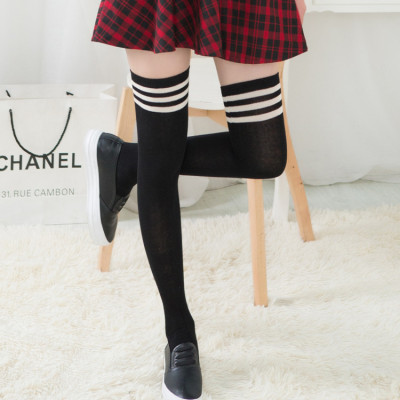 日系条纹高筒过膝袜 韩国秋冬女士长袜针织三条杠棉长筒袜子批发