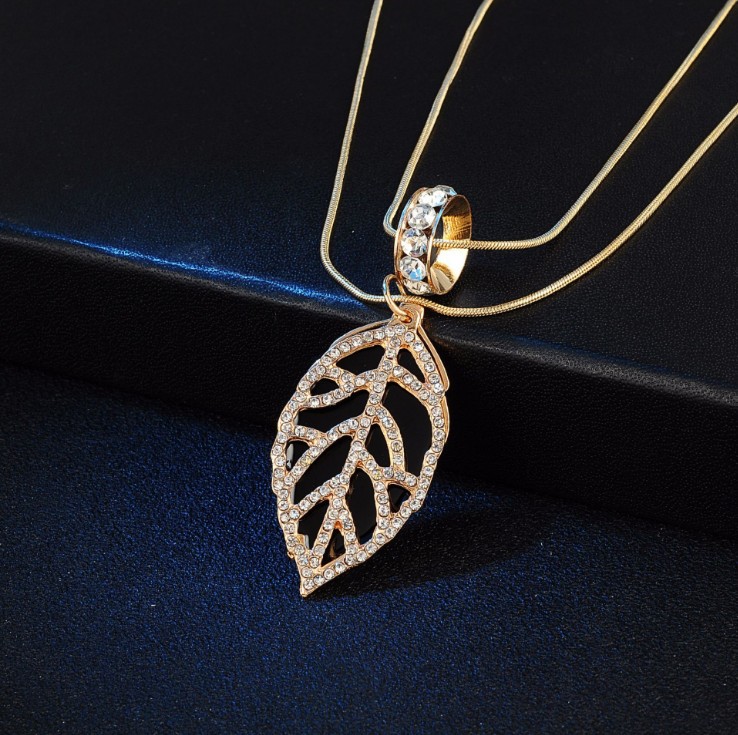 跨境亚马孙饰品镶水晶金色双层树叶项链长款毛衣链厂家批发-阿里巴巴