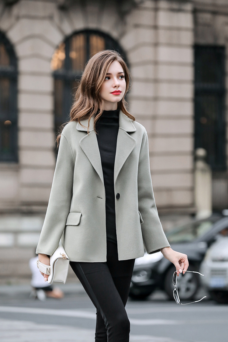 女装毛呢外套2017冬新欧美名媛翻领长袖修身显瘦短双面呢羊毛大衣