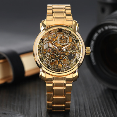 winner正品金色全镂空男士全自动机械表男机械表钢带 外贸热销款