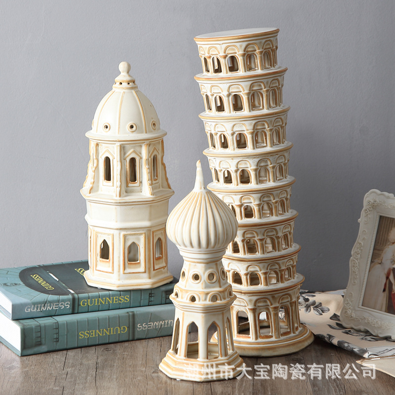 Factory Wholesale Simple Creative Hair Matte Beige Glaze Pizza Leaning Tower Ceramic Home Decorative Crafts Ornaments