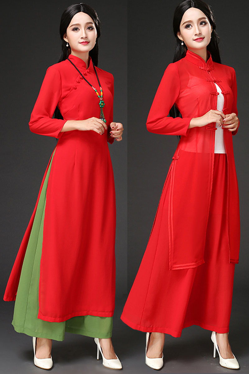 2020春夏新款越南奥黛旗袍改良版旗袍长款连衣裙二件套裤一件代发