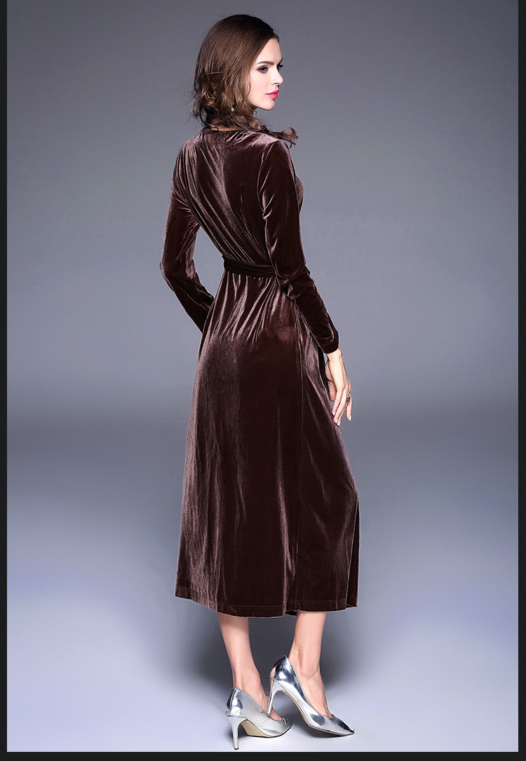 秋装新款名媛v领丝绒中长裙修身七分袖纯色金丝绒连衣裙女
