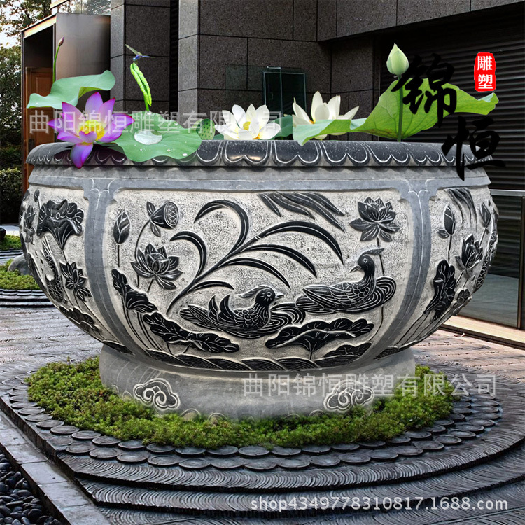 石雕鱼缸花盆青石圆形风水荷花池石槽庭院别墅流水招财鱼池石盆