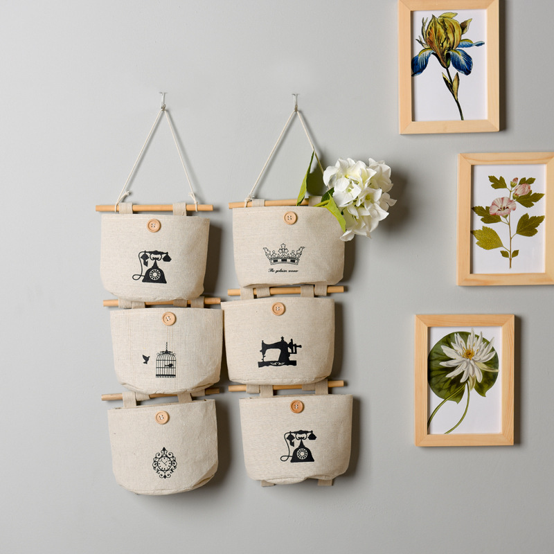 挂袋 衣柜布艺壁挂收纳袋 墙上床头怀旧棉麻储物袋 六色挂袋