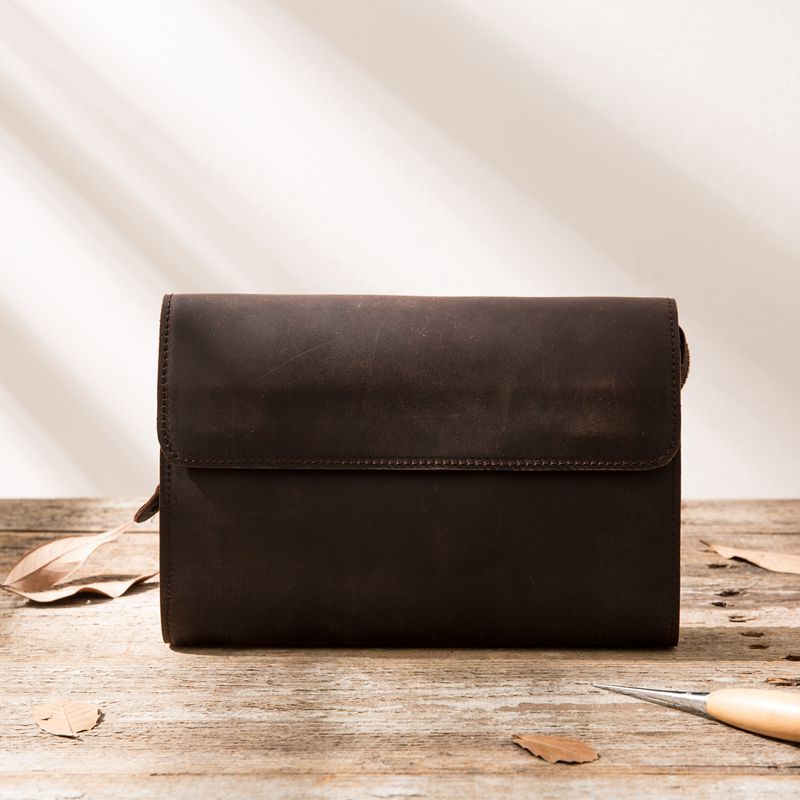 原创疯马皮手拿包男复古钱包休闲做旧手工头层牛皮手包小号手抓包