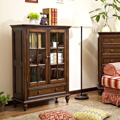 客厅实木书柜美式乡村实木矮酒柜玻璃开门简易家具收纳储物柜四角
