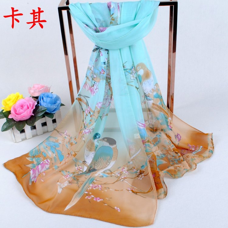 Spring New Auspicious Bird Women's Chiffon Long Scarves Wholesale Small Gauze Kerchief Scarf Small Gift