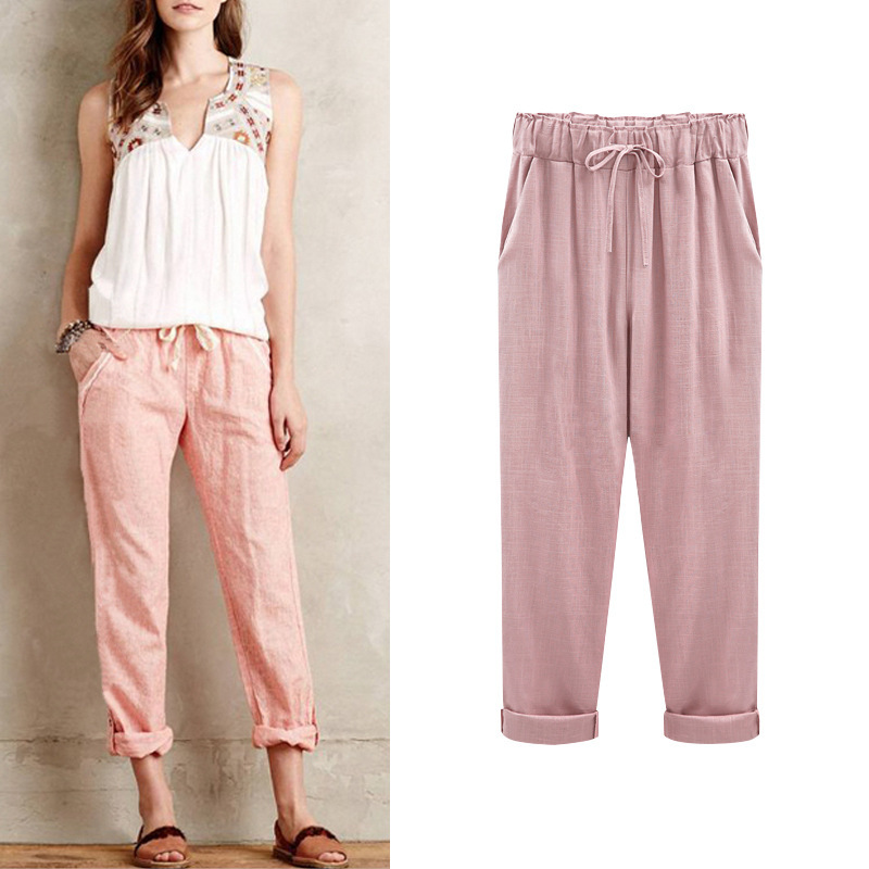 Spring and Summer plus Size Cotton and Linen Trousers Women's Cropped Pants plus-Sized plus Size 100.00kg Plump Girls Loose Thin Linen Women Clothes