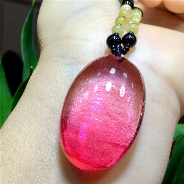 东海水晶天然红发晶聚宝盆顺发晶猫眼蛋面吊坠