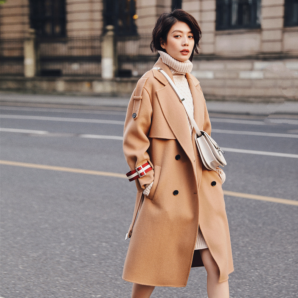 女双面羊绒大衣秋冬新款织带大衣毛呢外套 女7266