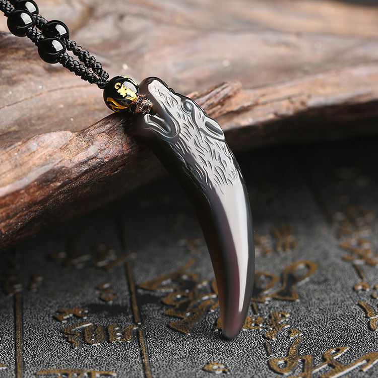 彩曜石狼牙吊坠男女同款冰种黑曜石情侣项链水晶饰品一件代发