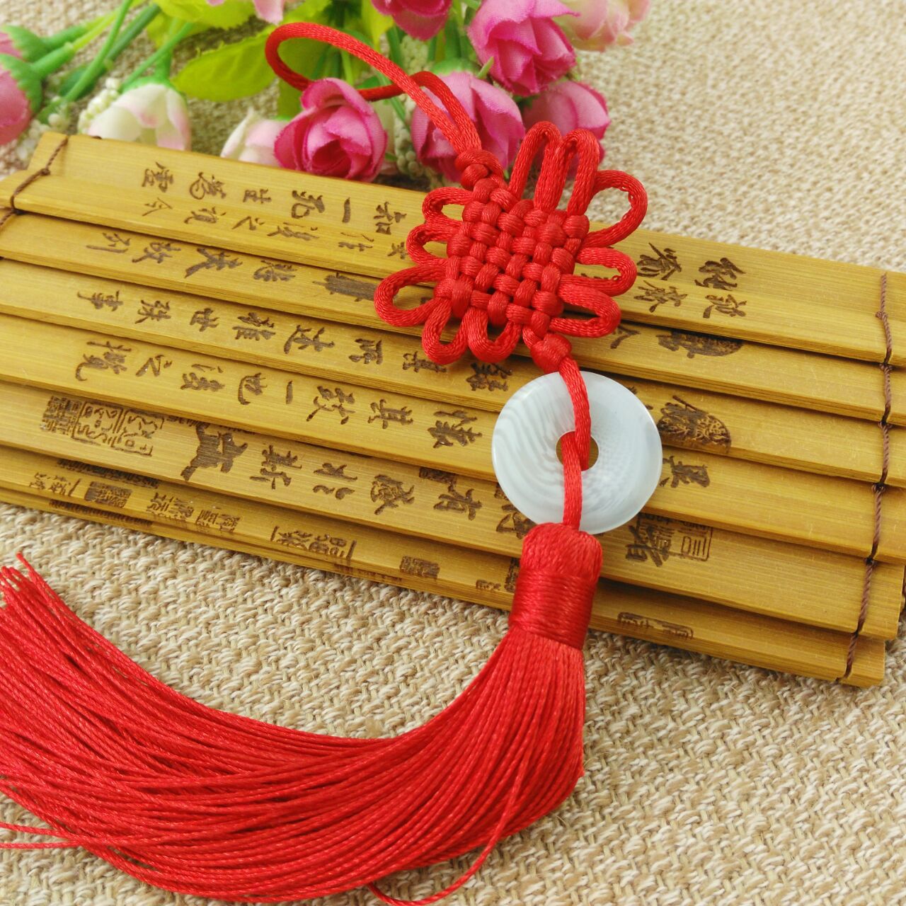 纯色六盘结玉白平安扣流苏套装 diy玉佩挂绳 手工编织 挂绳配件