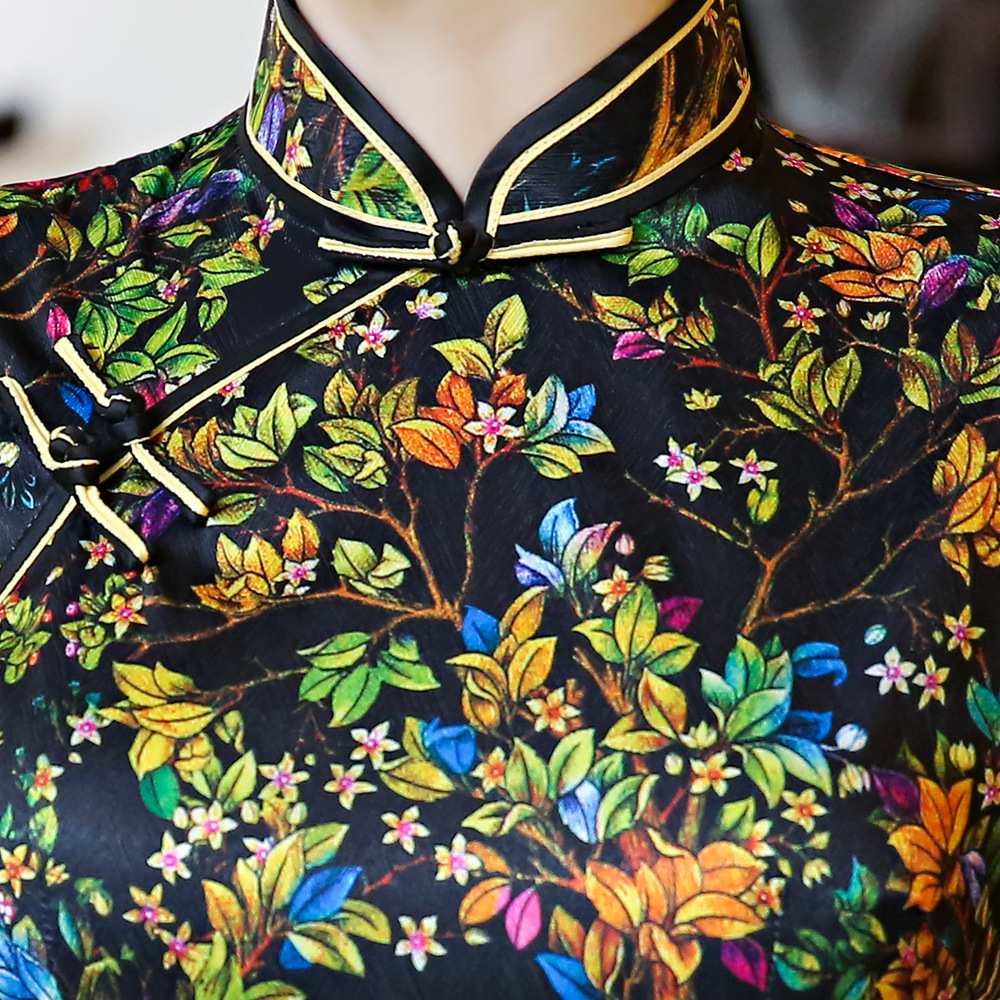 qd906改良时尚中长款斜纹绸旗袍