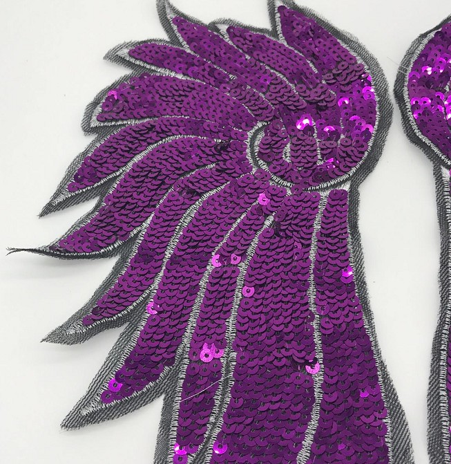 时尚布贴刺绣服装配饰外贸金紫色珠片绣亮片绣大号羽毛翅膀