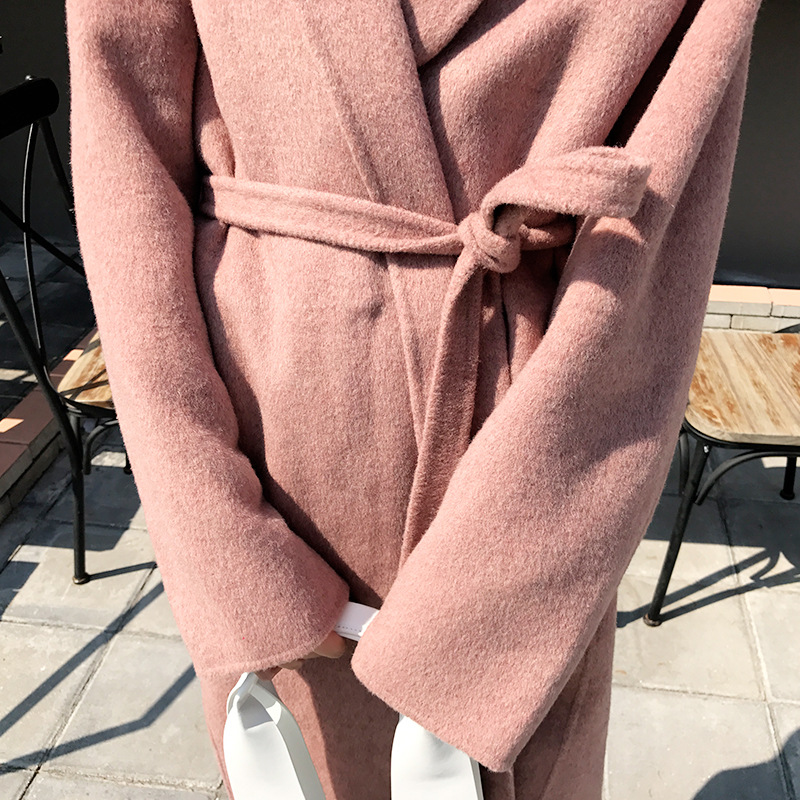 翻领脏粉色羊毛系带定染手工加厚双面尼大衣