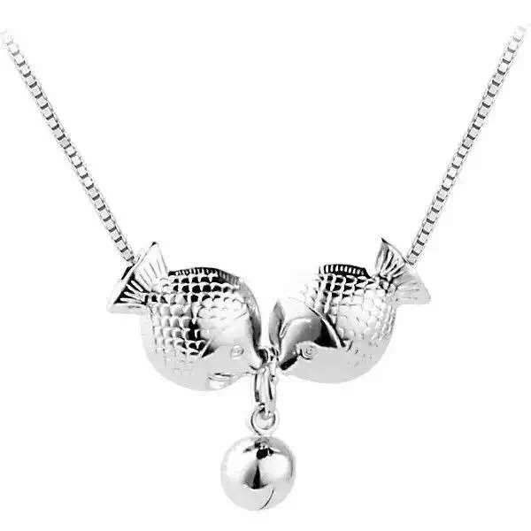 银佳银饰足银990亲嘴鱼盒子项链时尚韩版双鱼一件代发