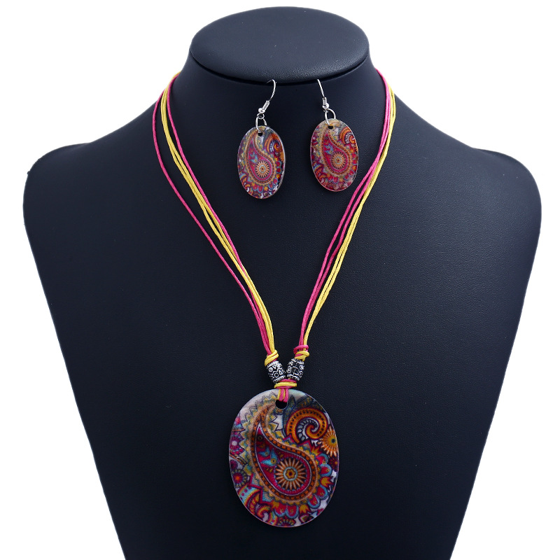 波西米亚民族风饰品 几何形贝壳彩绘孔雀羽吊坠项链耳环套装