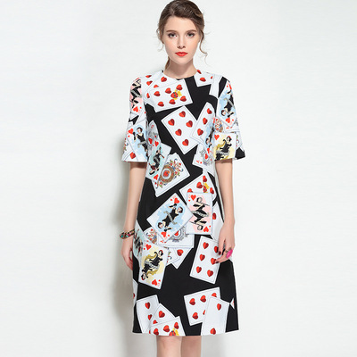 欧美走秀款扑克牌印花连衣裙2018春夏新款女装圆领中长裙一件代发