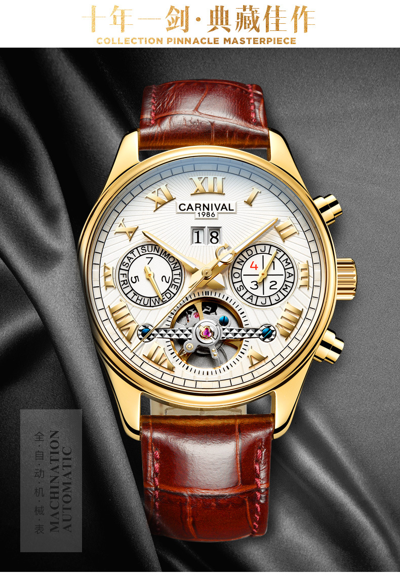 一件代发carnival男表全自动机械表夜光腕表镂空男士商务手表外贸