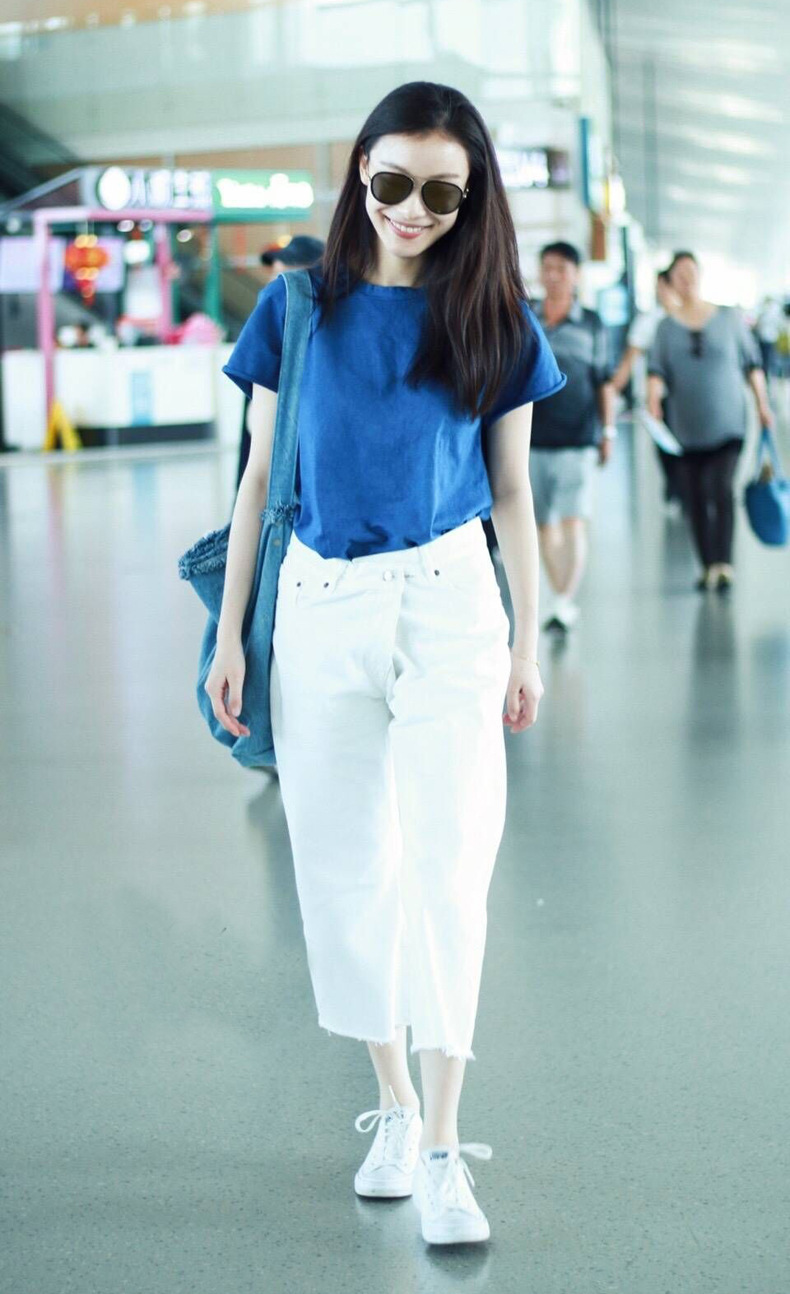2019夏季倪妮机场明星同款蓝色短袖t恤上衣白色牛仔阔腿裤女