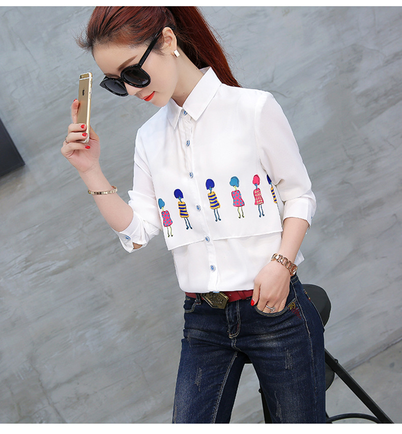 天诚衣品2017春秋新款假两层雪纺印花衬衫女韩版百搭显瘦打底上衣