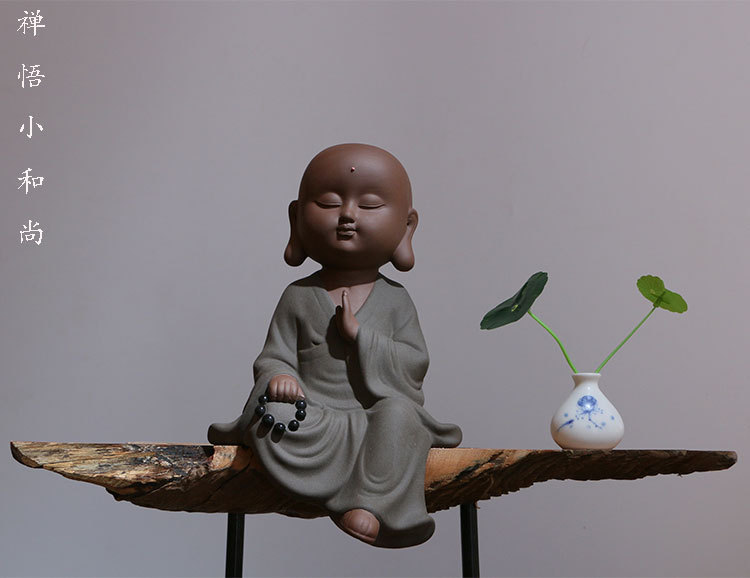 禅意家居摆件 陶瓷工艺品大号小和尚禅悟中式玄关镇宅紫砂陶佛像