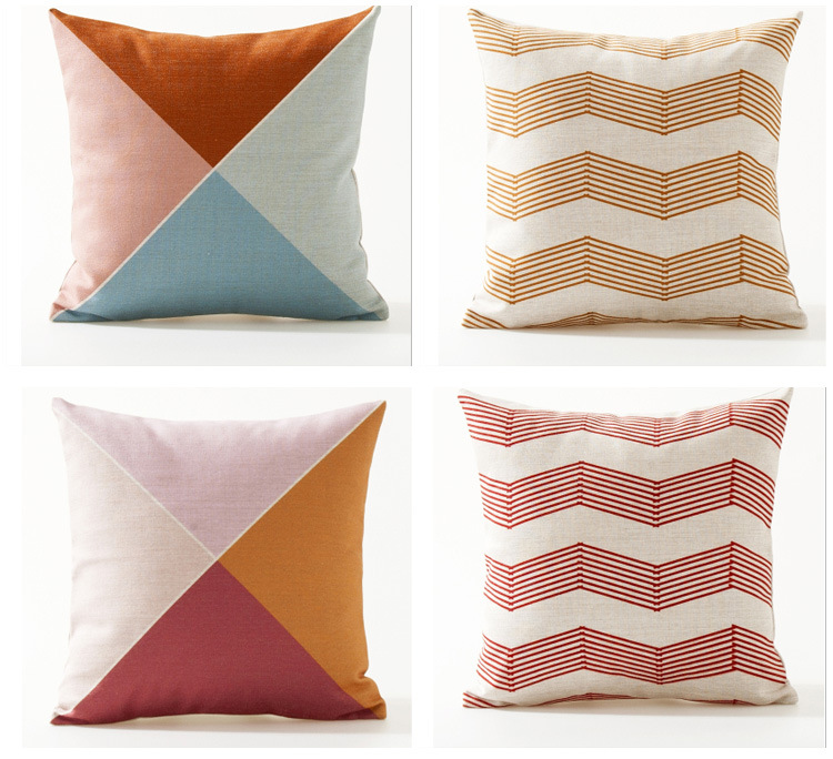 简约现代拼色块靠枕彩色三角几何图案抱枕diy亚麻风格家居靠垫套