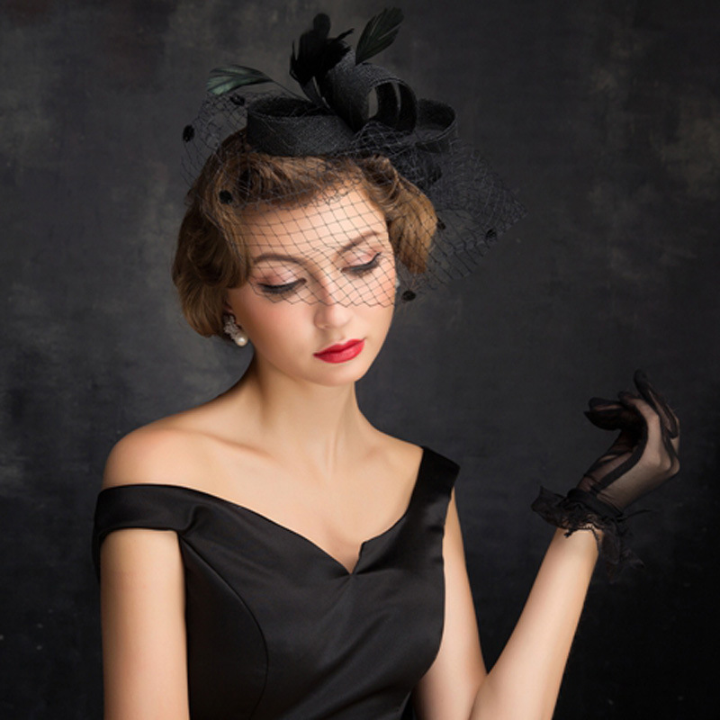 新款礼帽女英伦百搭黑色麻纱面纱羽毛新娘手工头饰摄影帽子夏批发