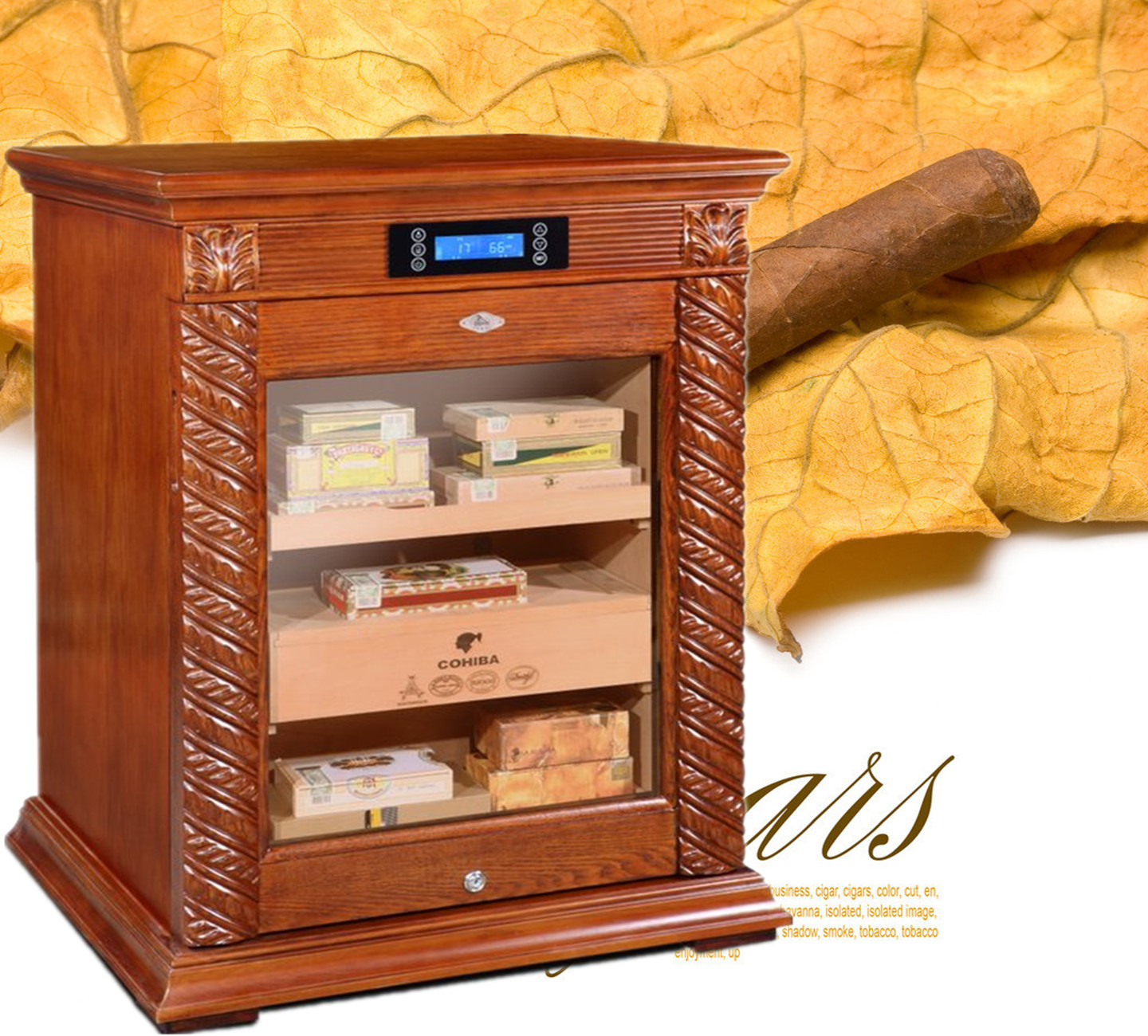 lubinski雪茄柜雪松木雕花三层恒温保湿柜 带高希霸醇化箱