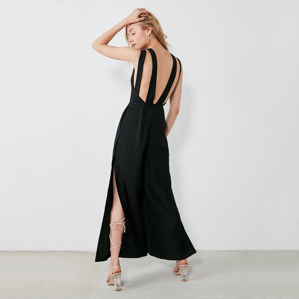 haoduoyi2018新款 时尚性感大露背开叉连体女阔腿裤