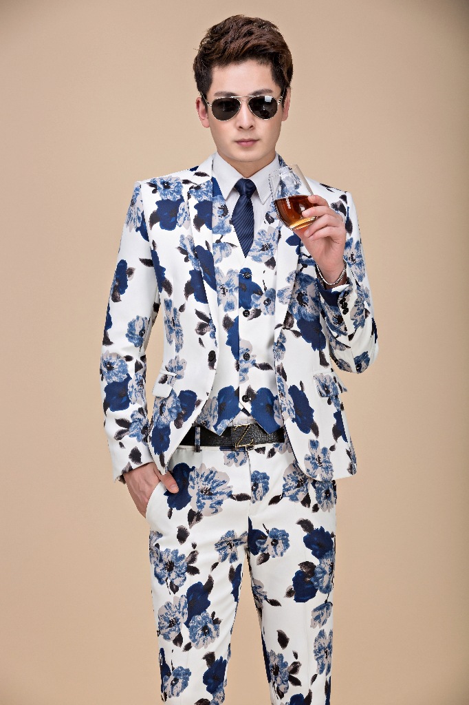 新款印花男士西服套装蓝花韩版花西服司仪夜店我是歌手演出服饰