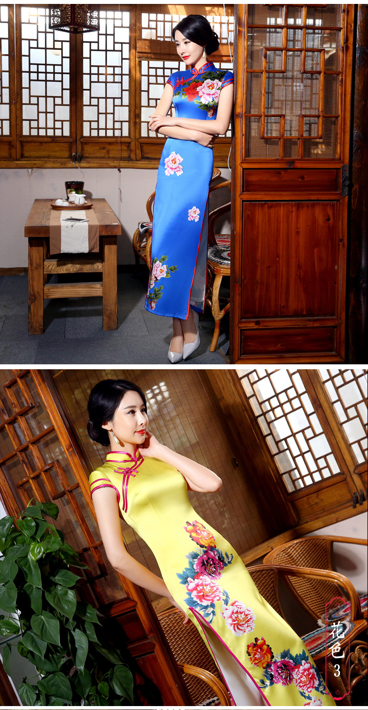 秋冬新款真丝礼服复古性感高开叉旗袍连衣裙长款修身旗袍批发