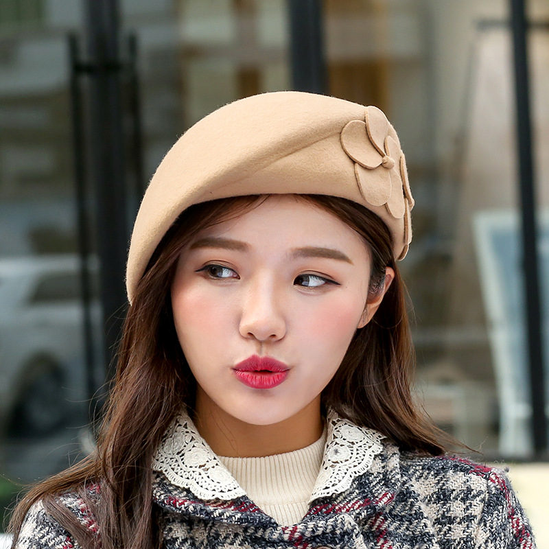 韩版优雅英伦风双花羊毛呢贝雷帽子女士冬羊毡帽时尚贝雷画家帽